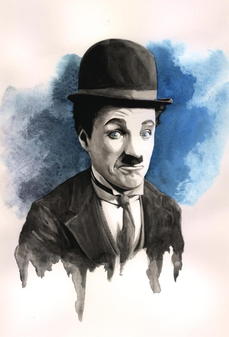Charlie Chaplin An ink wash portrait of Charlie Chaplin with a splash of blue watercolour to add interest