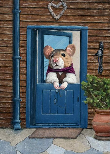 Good Morning Martin Pentale mouse character looking out his open door holding his glasses. this is another character from the Hollows Glen series