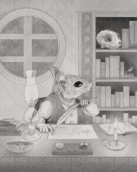 Martin Pentale A digital pencil drawing of Martin Pentale, from Hollows Glen, writing at his desk in his home