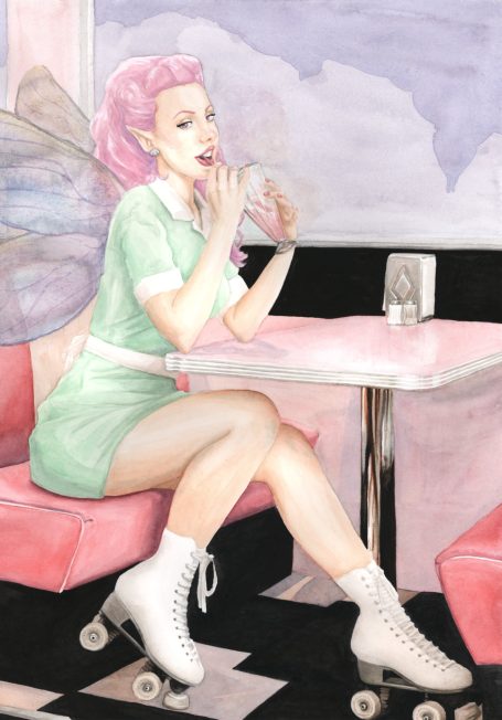 Yummy Pink haired fairy drinking a strawberry milkshake in a 50's style americana diner