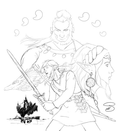Tears of the Kingdom A digital drawing of Zelda, Link, and Ganon in a poster style layout from the Nintendo game Tears of the Kingdom
